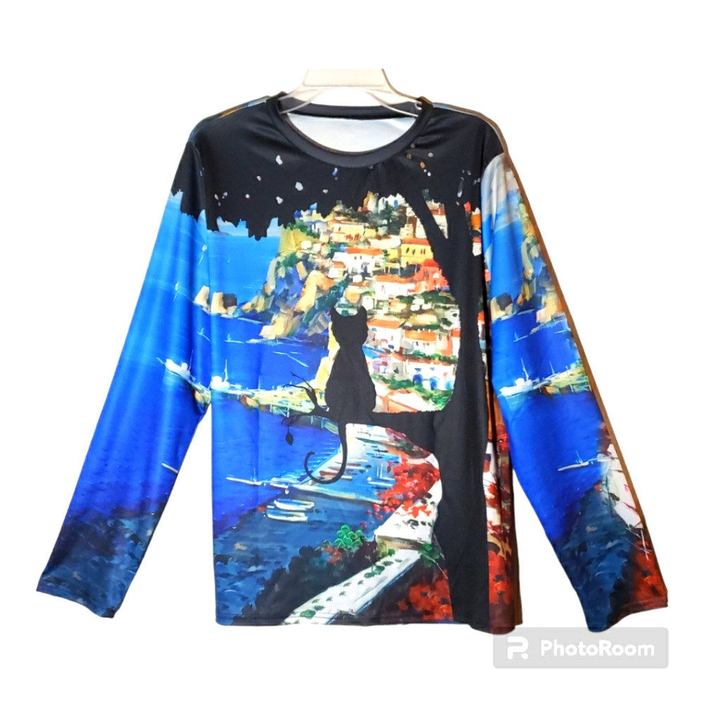 Fashion women's XL cat print colorful long sleeves pullover blouse. 2051